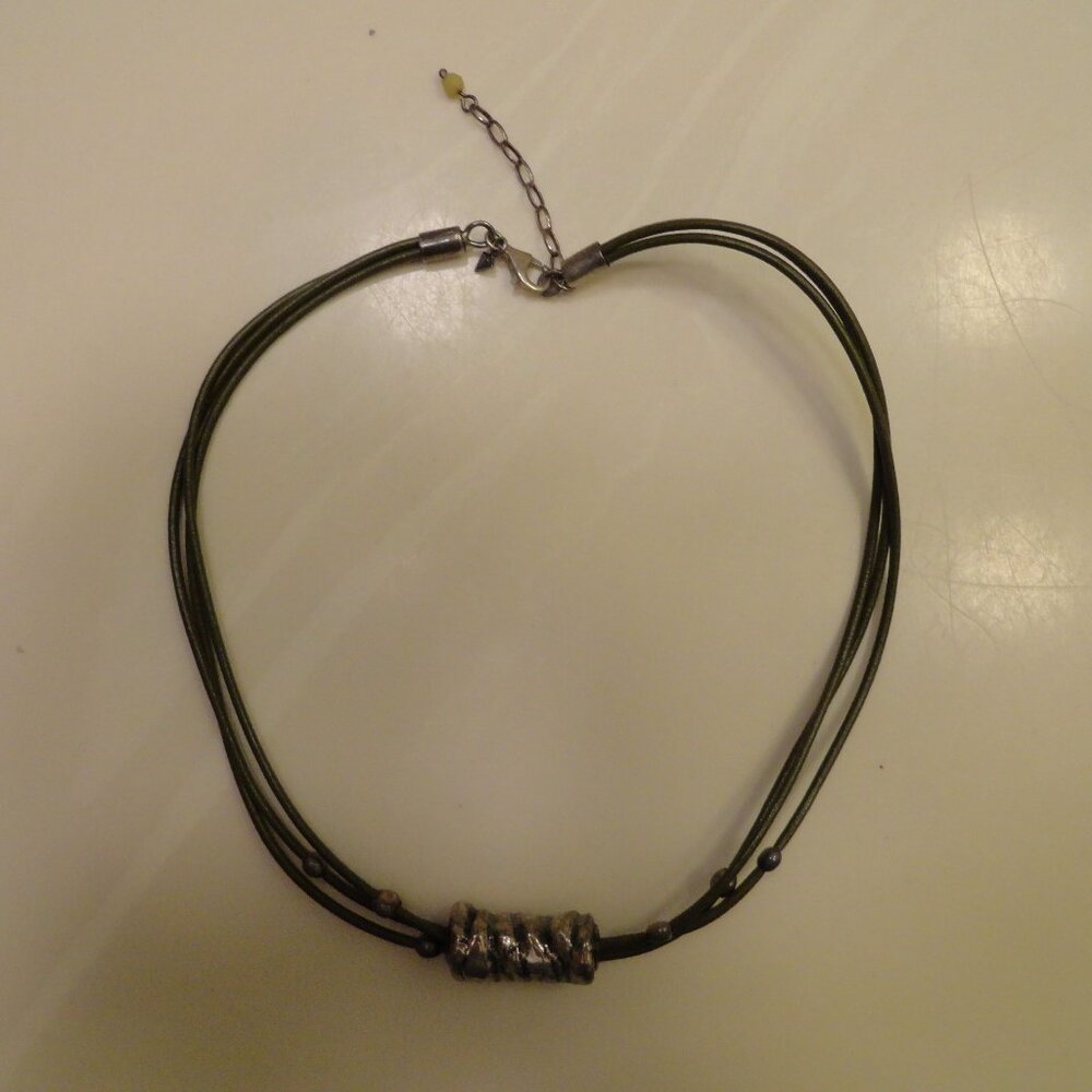 Three strand green leather Silpada necklace electroform Sterling Silver Beads 17